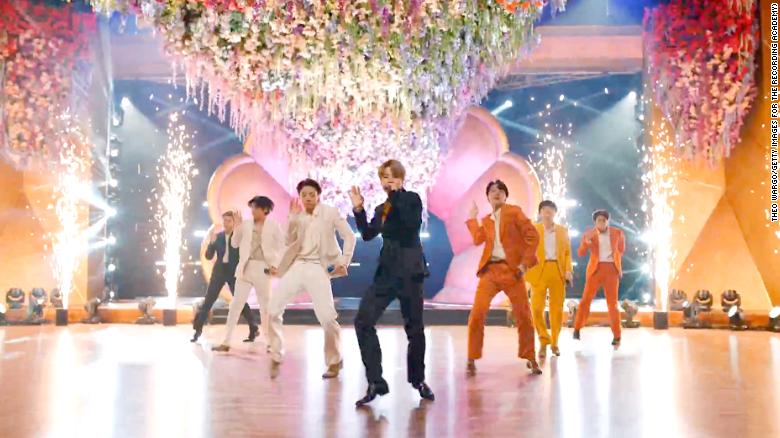 UNSPECIFIED: (L-R) In this screengrab released on March 14, RM, V, Jungkook, Jimin, J-Hope, Suga, and Jin of BTS perform onstage during the 63rd Annual GRAMMY Awards broadcast on March 14, 2021. (Photo by Theo Wargo/Getty Images for The Recording Academy)